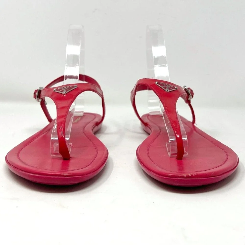 Prada Pink Patent Leather Flat Sandals T Strap Logo‎ 39.5